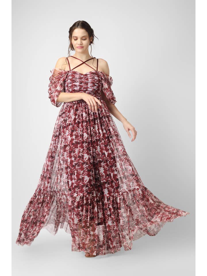 Alicia Maxi in Burgundy Print for wholesale on Faire