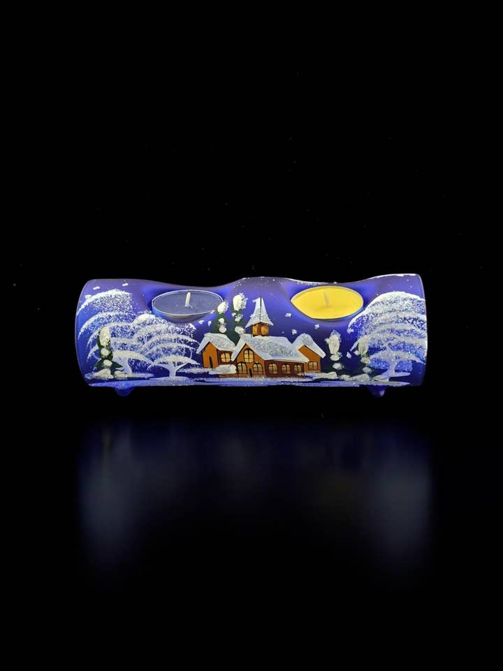 Porte-bougie double en verre bleu - Église brune - Bûche de Yule pour la vente par Glass by Iness