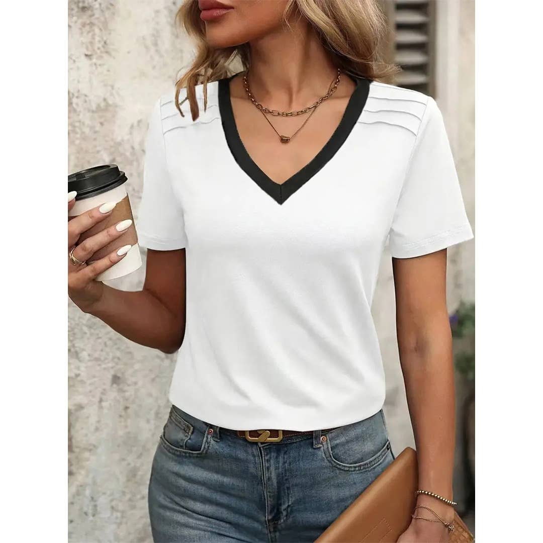 UNISHE - Wholesale Shirt - Women's - Plain V-Neck Short Sleeve T-Shirt ZK29330