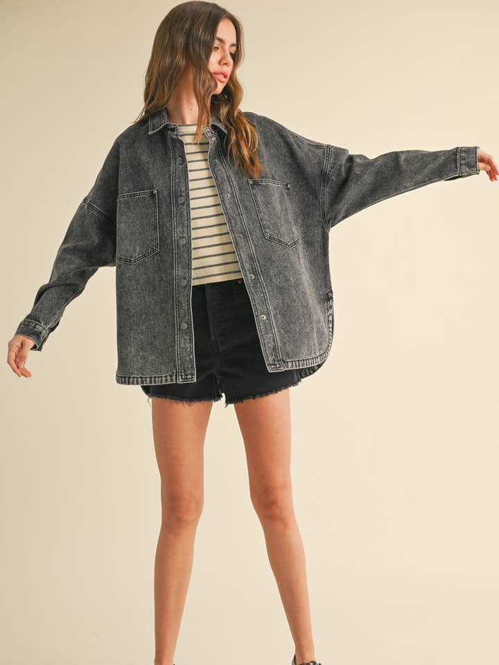 MIOU MUSE - Wholesale Shirt Jacket/Shacket - Women's - J3037 WASHED SNAP BUTTON DENIM SHACKET