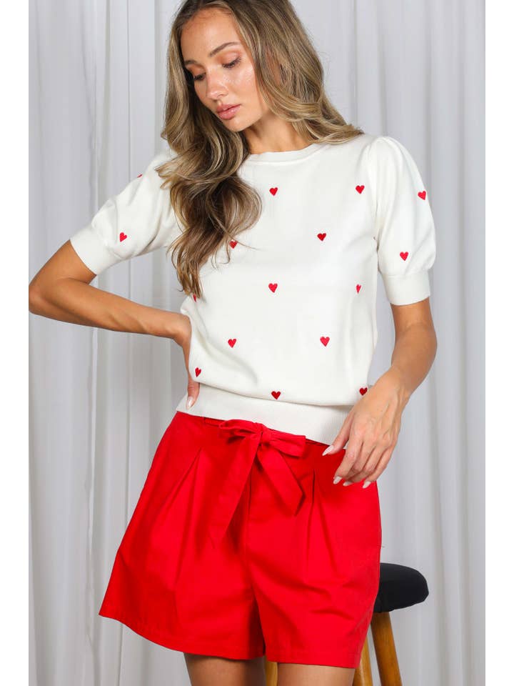 Vine & Love - Wholesale Knit Sweater - Women's - Sweetheart Embroidery Short Puff Knitted Sweater VT82686C3