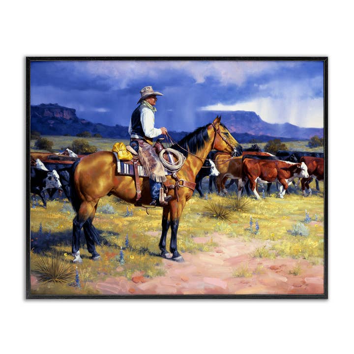 Cowboy e bestiame vista montagna - Arte da parete incorniciata per la vendita all'ingrosso da parte di Stupell Industries