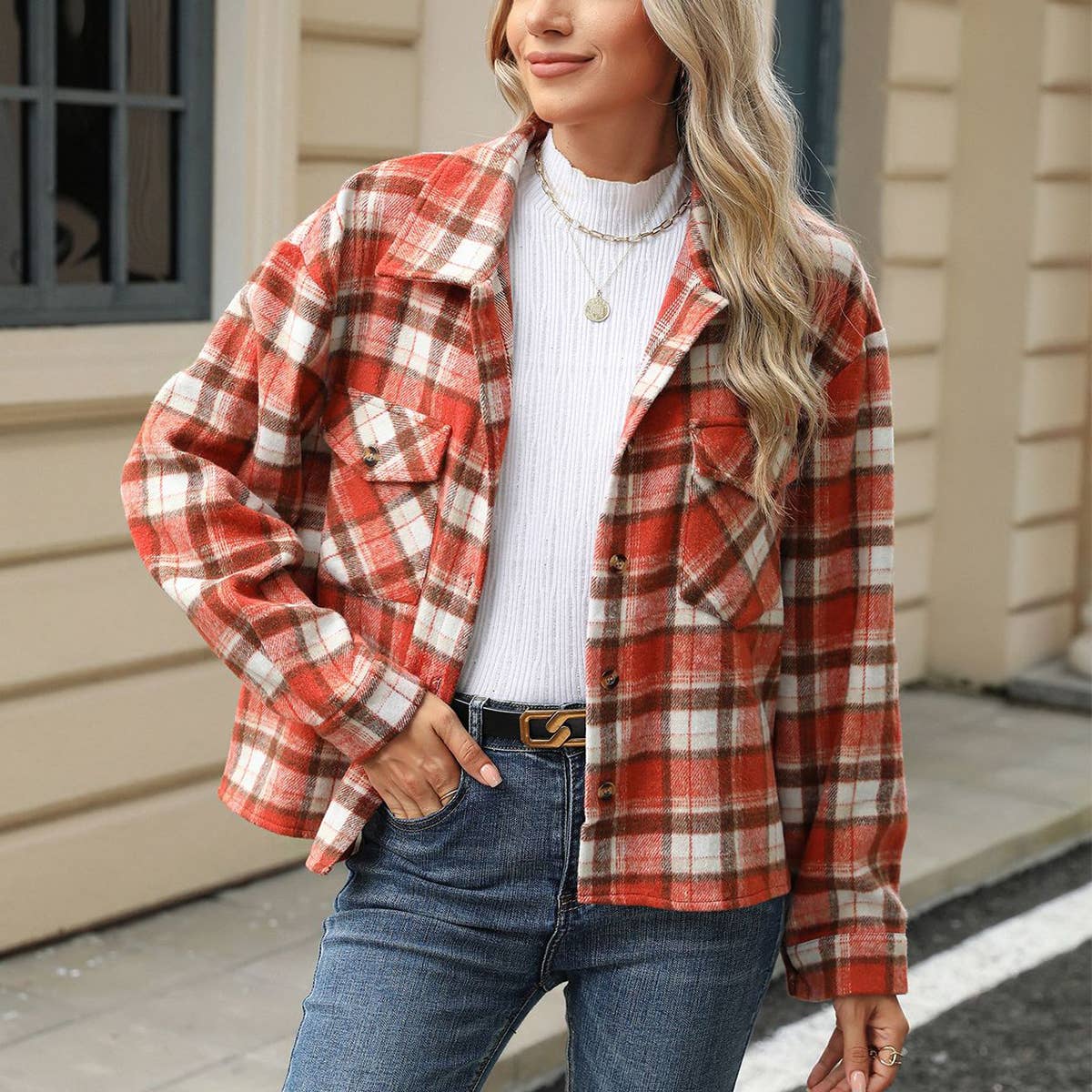 Lily Clothing - Wholesale Shirt Jacket/Shacket - Women's - LONG-SLEEVED PLAID WOOL JACKET WITH BAGGY POCKETS8