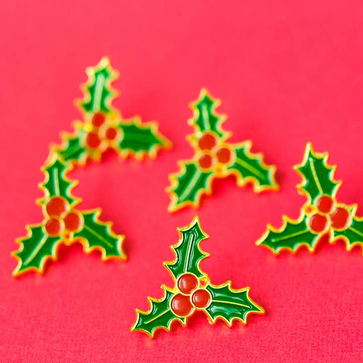 Holly Leaf Enamel Pin – 1" Holiday Berry Lapel Pin for wholesale by Little Lovelies Studio