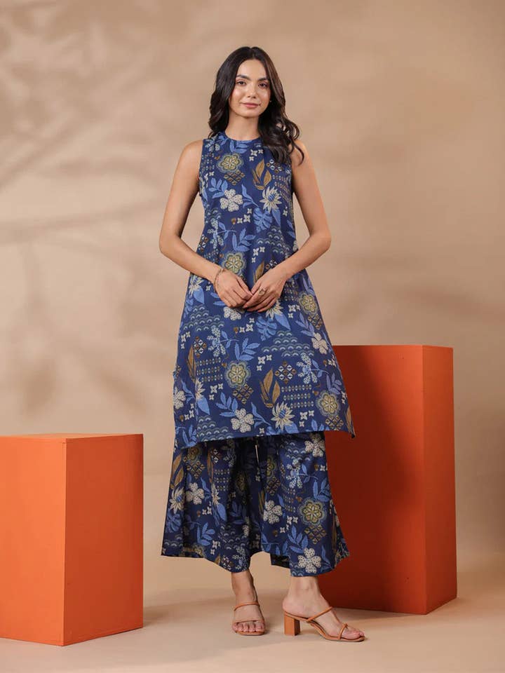 Jaipur Morni USA - Wholesale Top & Pant Set (NOT Loungewear) - Women's - Navy Blue Printed Sleeveless Cotton Kurta & Pants Set1