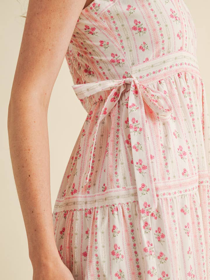 &MERCI - Vente Robe – femme - ROBE MIDI FLORALE À BRETELLES VOLANTÉES AVEC NŒUDS LATÉRAUX À NOUER MDR35867