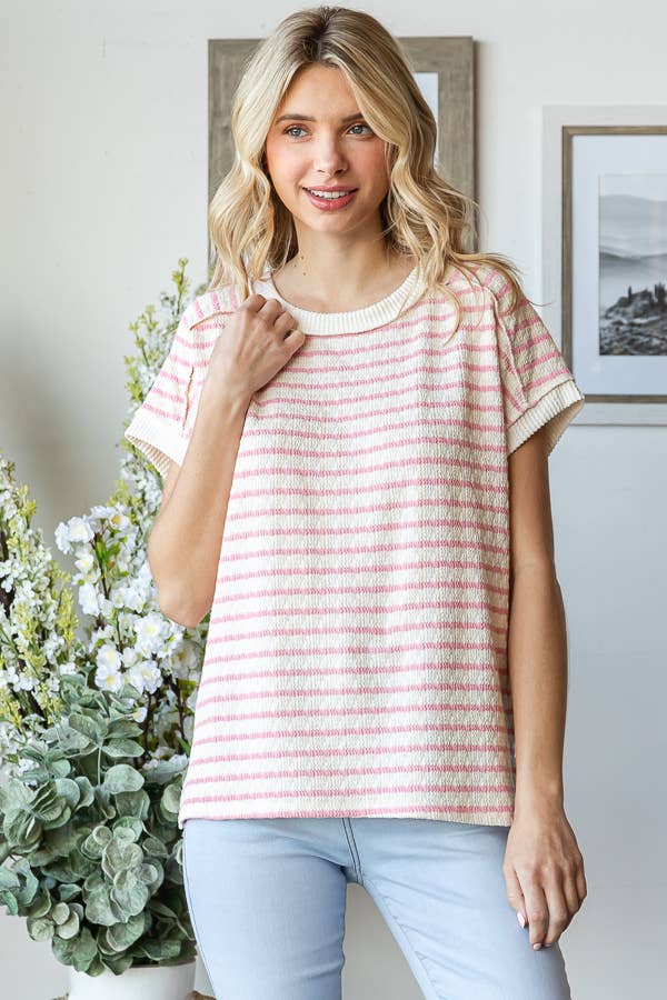 7th Ray - Venta al por mayor Jersey corto de punto - Mujer - Top de manga corta con abertura lateral y textura de rayas T58657