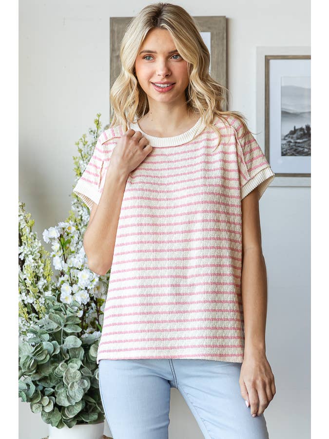 7th Ray - Venta al por mayor Jersey corto de punto - Mujer - Top de manga corta con abertura lateral y textura de rayas T58657