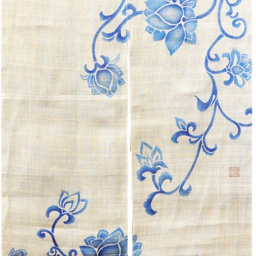 Blue Lotus Blossom Linen Noren for wholesale by T-Trove Asian Decor