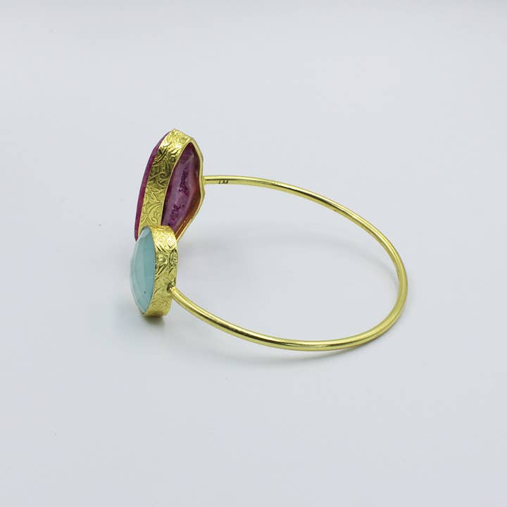 LA MAR - Wholesale Cuff Bracelet - Bracelet with 2 stones, pink and sky blue - chalcedony and agate quartz gold-plated4
