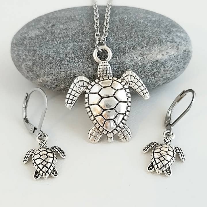Silver Turtle Necklace and Earring Set, Nature Jewelry for wholesale by Piccadilly Pendants