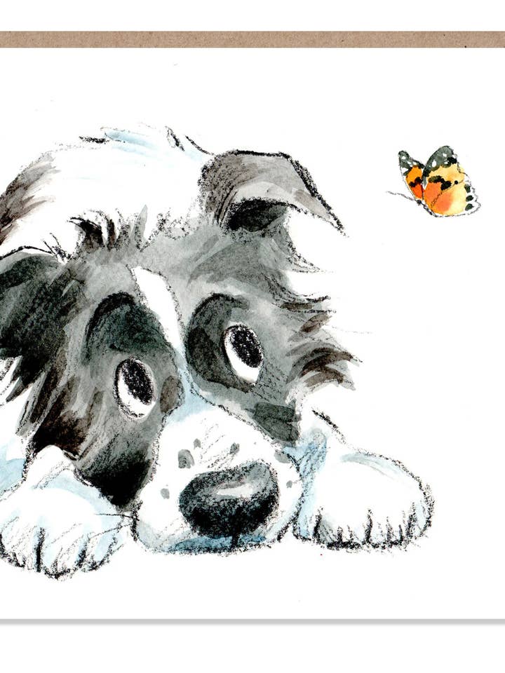 Cute Dog Card- Blank - Black And White Collie With Butterfly for wholesale by Paper Shed Design Ltd