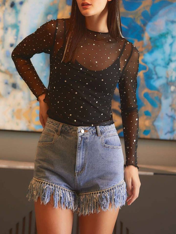 Black Rhinestone Sheer Mesh Slim Fit Long Sleeve Top for wholesale on Faire