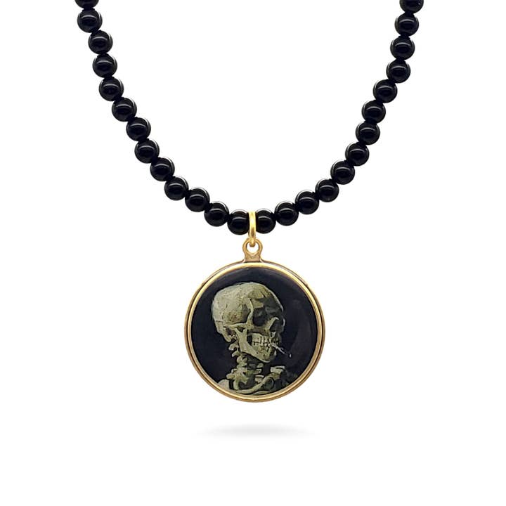 Skull with Skeleton Necklace - Van Gogh Inspired - 17" for wholesale by Discoveries, Inc.