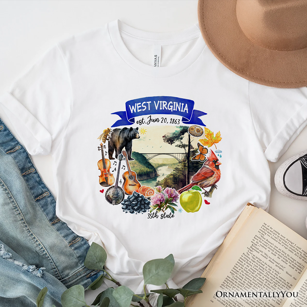 White Artistic West Virginia State Themes and Landmarks T-Shirt for wholesale on Faire0