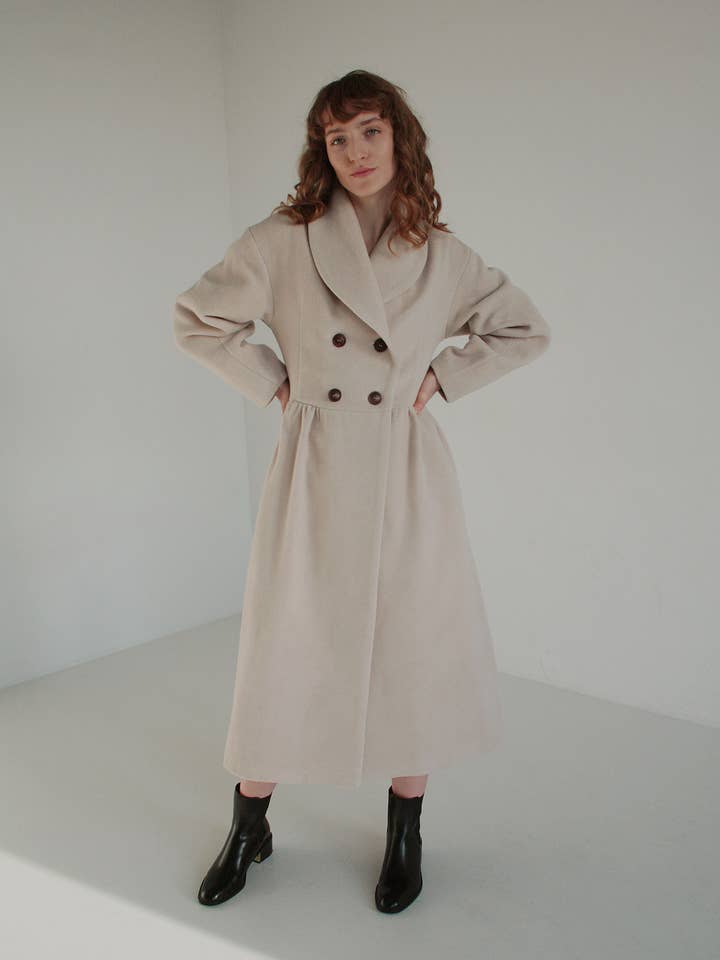 Beige fit and flare maxi double-breasted wool coat for wholesale by Nich Linen