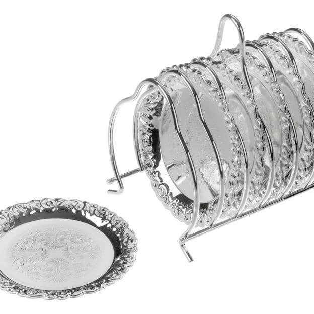 Queen Anne 6 Pce Underlägg Set 4 1/2 ”x 3 3/8" x 5" (Underlägg Diam 3 3/4) Engelsk silverplatta (fläckbeständig). ARTIKELNR: 0/5896/2. för wholesale av Corbell Silver