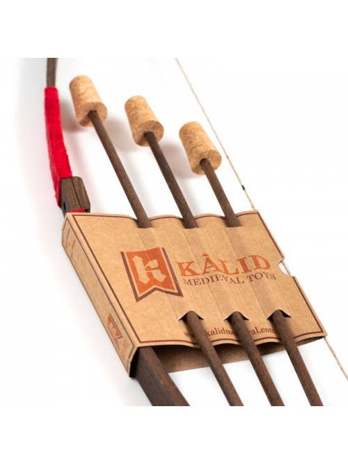 KALID MEDIEVAL – Großhandel Holzspielzeug – Kinder – Rustikaler Holzbogen mit Wildledergriff S und 3 Holzpfeilen mit Korkspitze - ST454F6