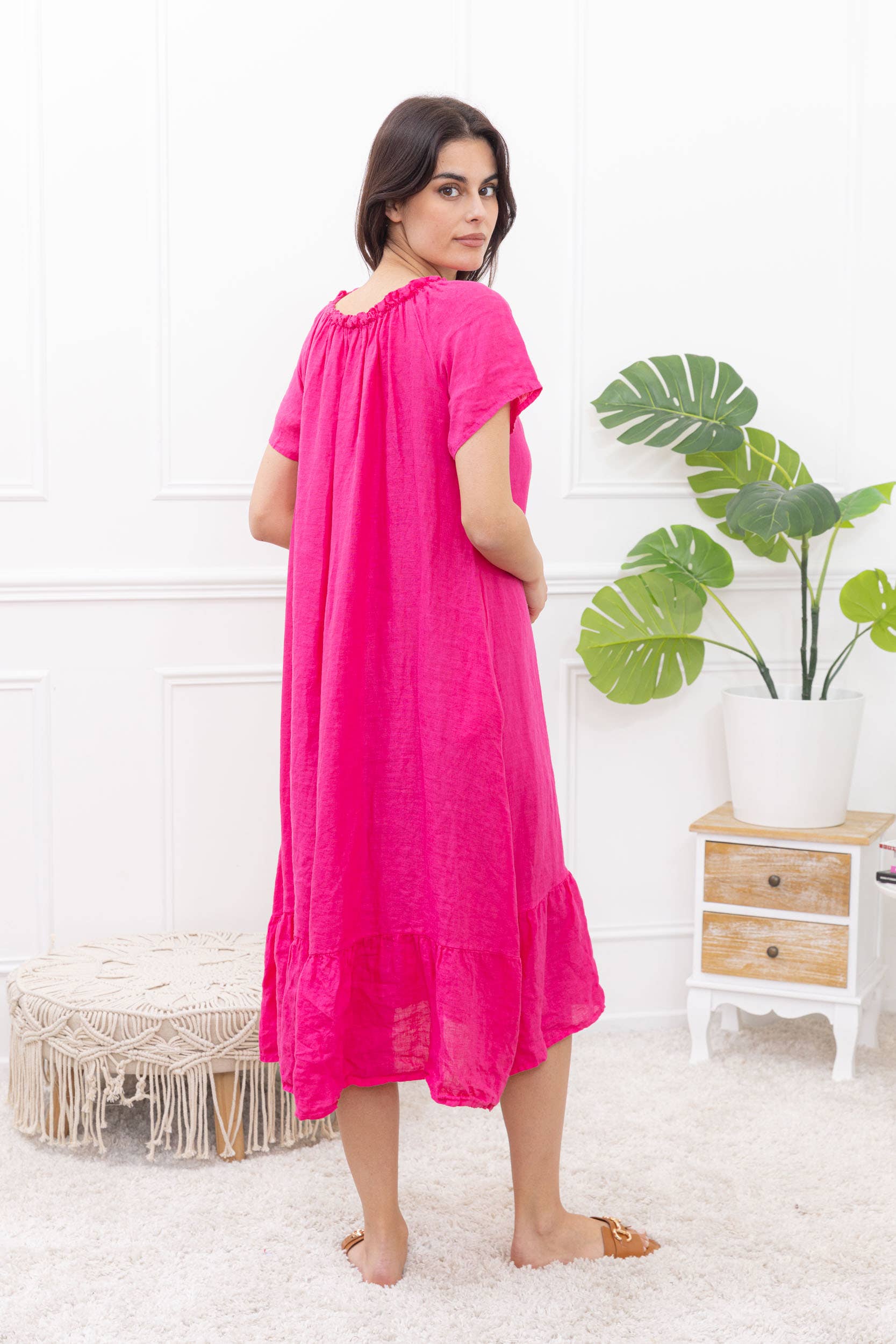 Happy look - Wholesale Dress - Women's - Long Linen Dress with Short Sleeves and Elastic Collar19
