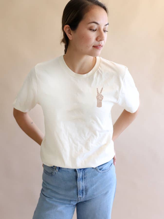 Rose Dust Peace Hand Embroidered T-Shirt, Womens Shirt, Chainstitch for wholesale on Faire