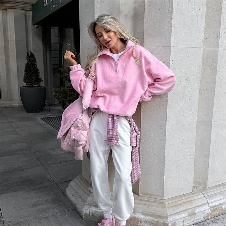 PINK Solid Color Fleece Loose Collar Pullover Hoodie for wholesale on Faire2