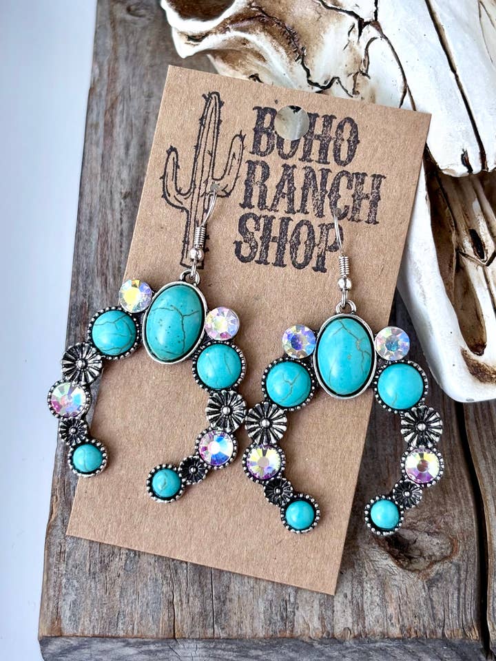 Western Squash Blossom Turquoise Stone Drop Earrings for wholesale by Boho Ranch Shop