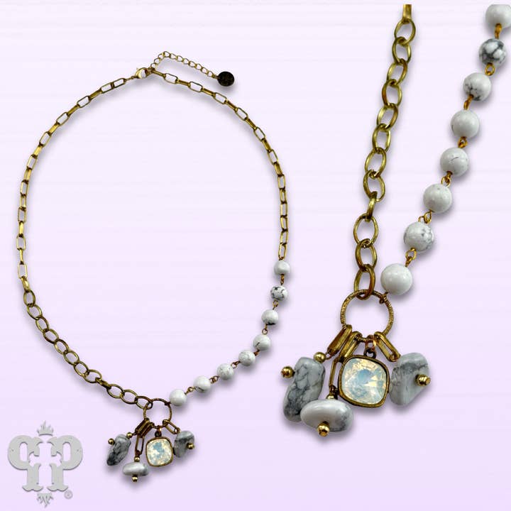 White jasper bead necklace, Austrian crystal, last call for wholesale by Pink Panache Brands