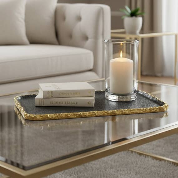 Interio Home - Wholesale Decorative Tray - Obsidian Rock Tray – Gold & Black Enamel Tray0