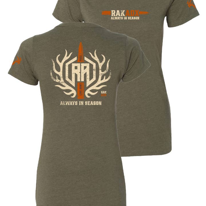 Ladies "Bone & Brass" Military Green Tee Shirt for wholesale by Rak•Adx Hunting Apparel