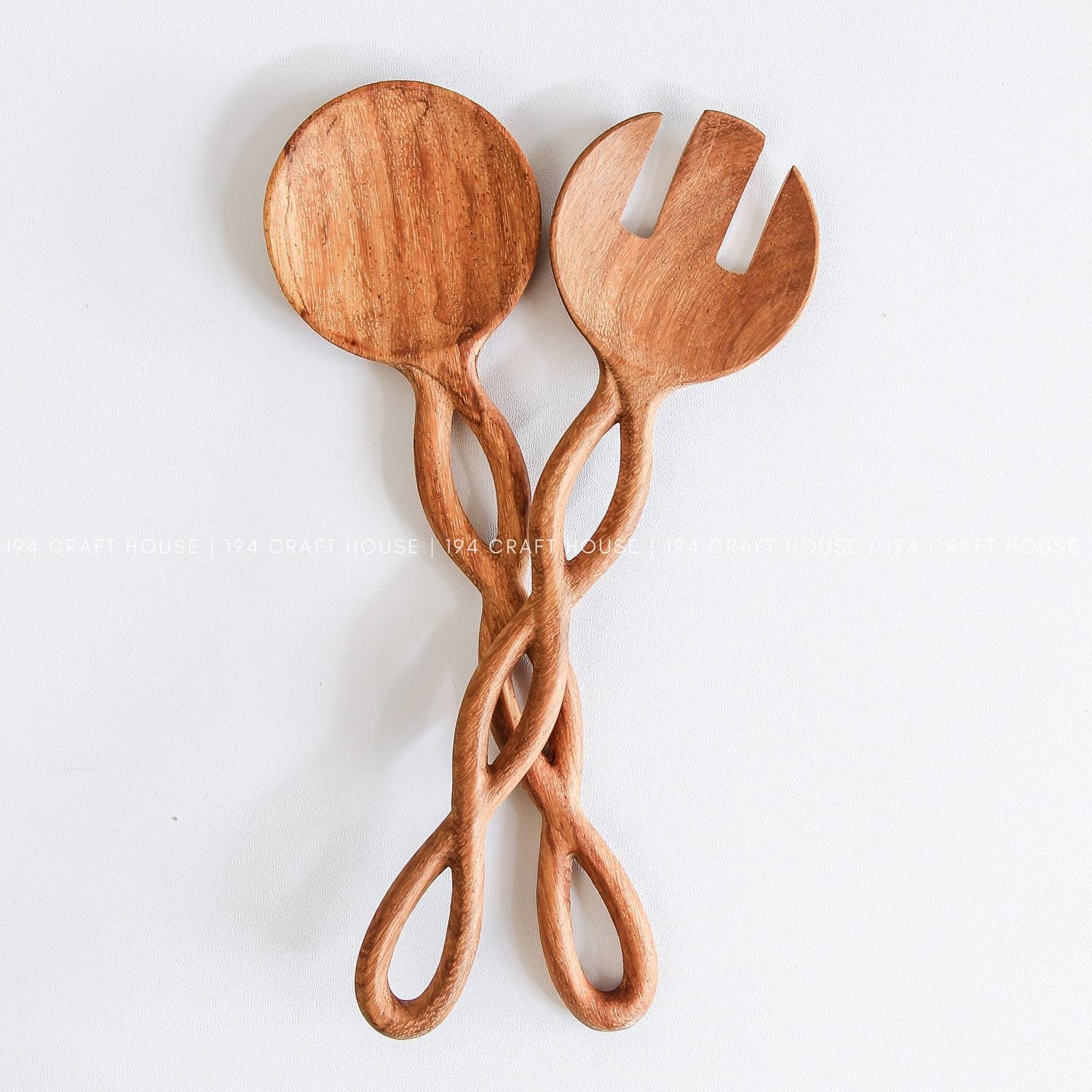194 Craft House - Wholesale Serving Utensil - Twisted Handle Wooden Salad Servers - 9" - Spoon & Fork Set4