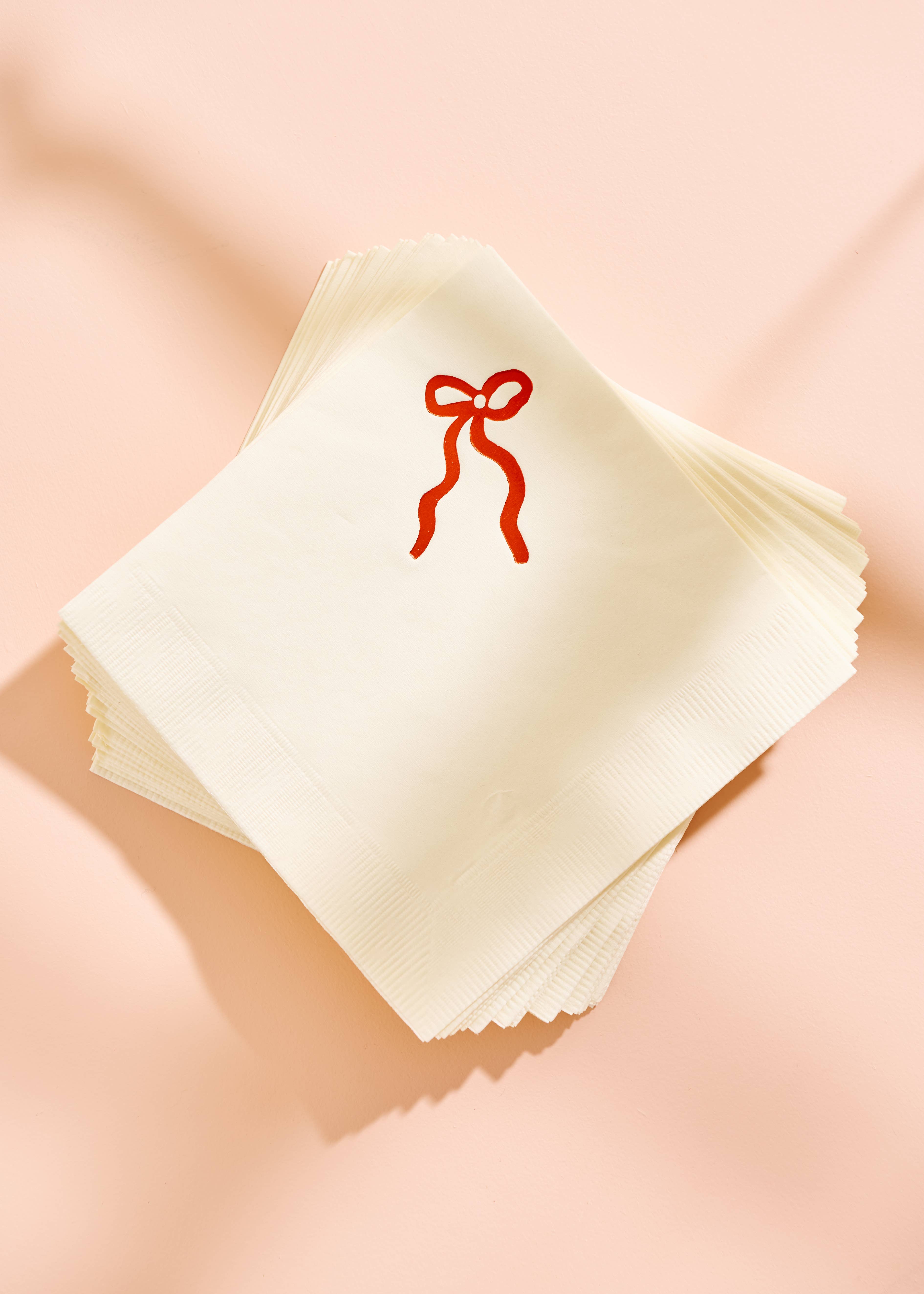 One & Only Paper - Wholesale Disposable Napkin - Classic Red Bow Cocktail Paper Beverage Napkins - Set of 201