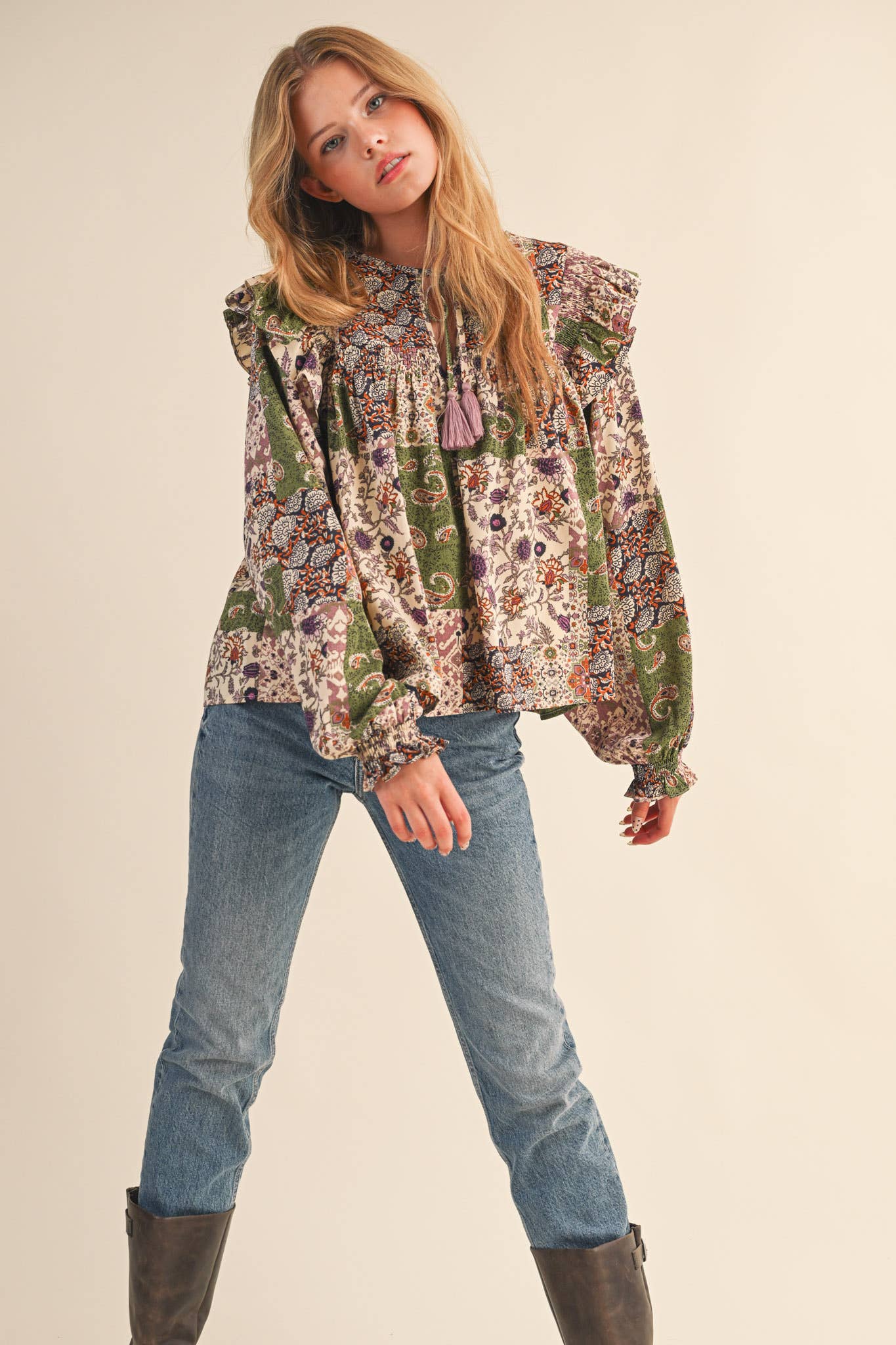 &MERCI - Wholesale Blouse - Women's - PATCHWORK PRINT SMOCKED RUFFLE BLOUSE MTP43504