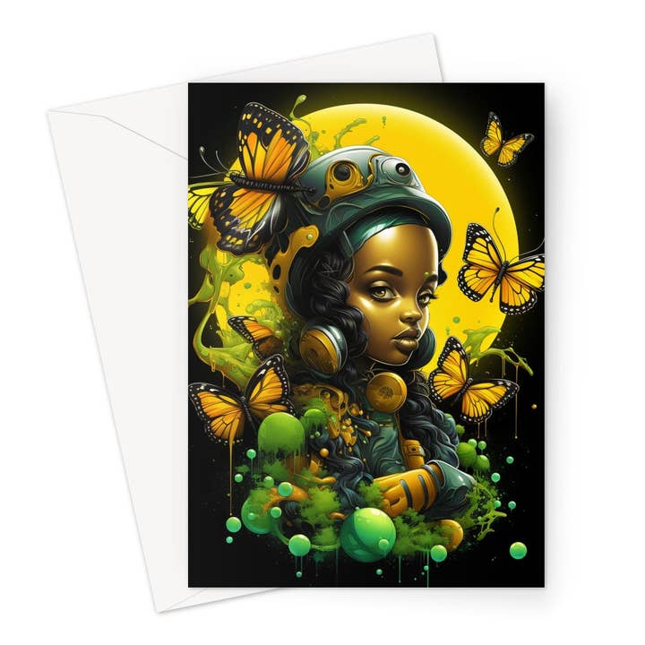 Monarch Butterfly Urban Fantasy Art Print - Afrofuturistic Girl with Butterflies Greeting Card for wholesale by D'Sare