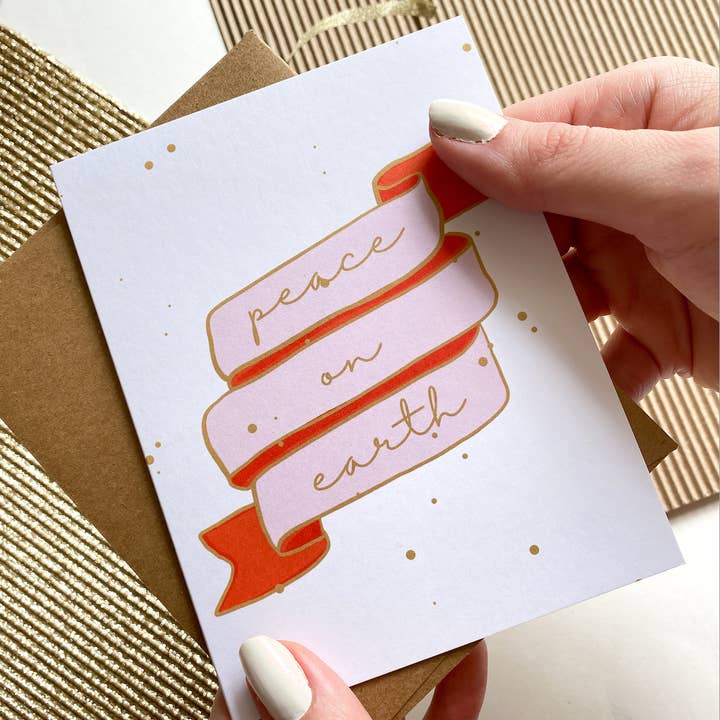 Five Dot Post - Venta al por mayor Tarjetas de felicitación de Navidad - Tarjeta de Navidad dulce, tarjeta navideña con pancarta rosa de Peace on Earth