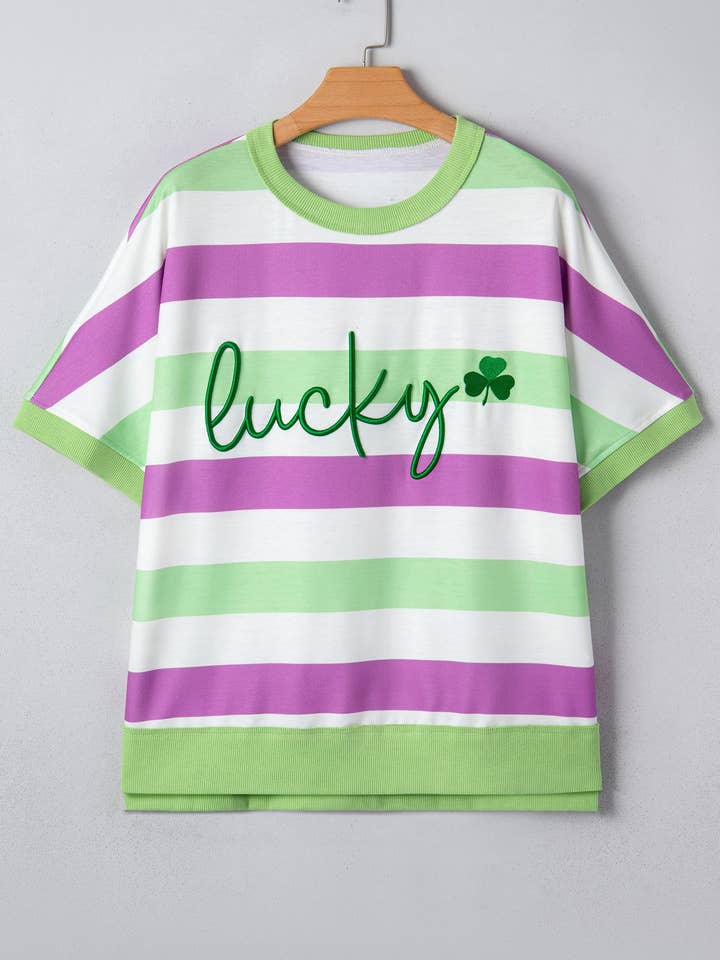 LALALOO Stripe Lucky Clover Embroidered Dolman Sleeve Tee for wholesale by LALA LOO