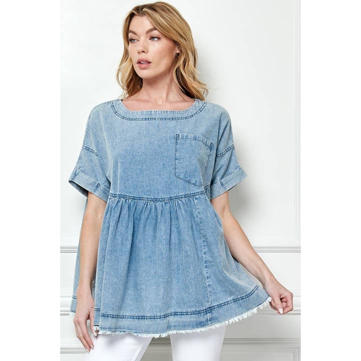 Oversize Pleated Denim Baydoll Top for wholesale on Faire