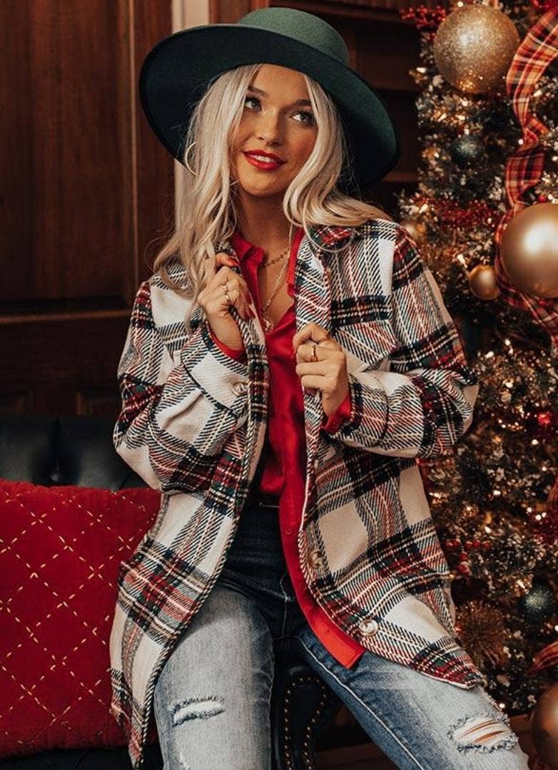 White Tweed Plaid Coat With Long Sleeved Lapels for wholesale on Faire2