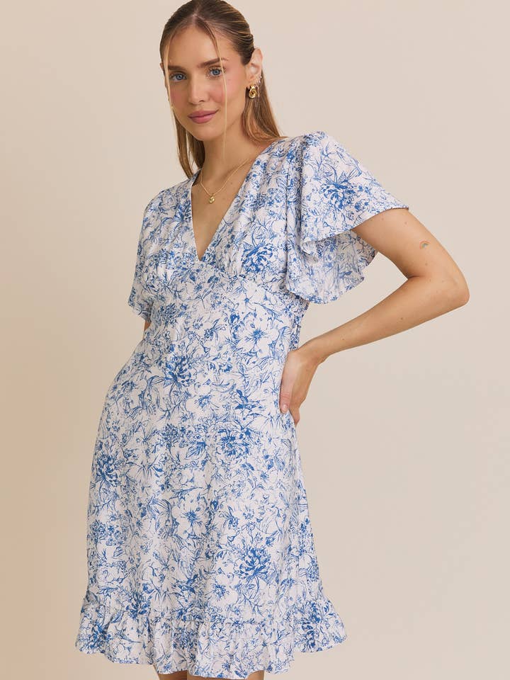 V-NECK RUFFLE SHORT SLEEVE BACK TIE FLORAL PRINT DRESS for wholesale by GILLI