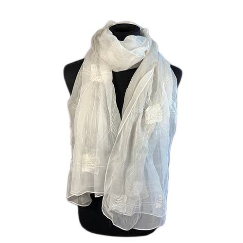 Silk Scarf, Sheer Embroidery, Gray/white SLK107/GRY for wholesale by World Treasure Trading