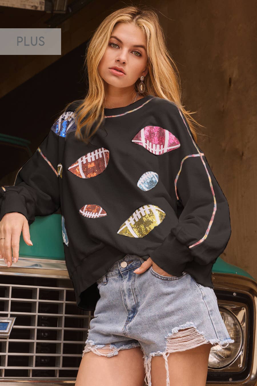 Oddi - Venta al por mayor Sudadera - Mujer - Sudadera Plus Football con cuello redondo y parche de lentejuelas6