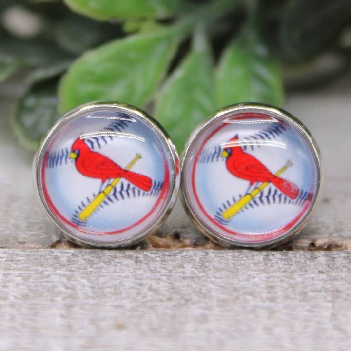 St Louis Cardinals Baseball || 12mm Glass Stud Earrings || Hypoallergenic for wholesale by Hylidae Boutique