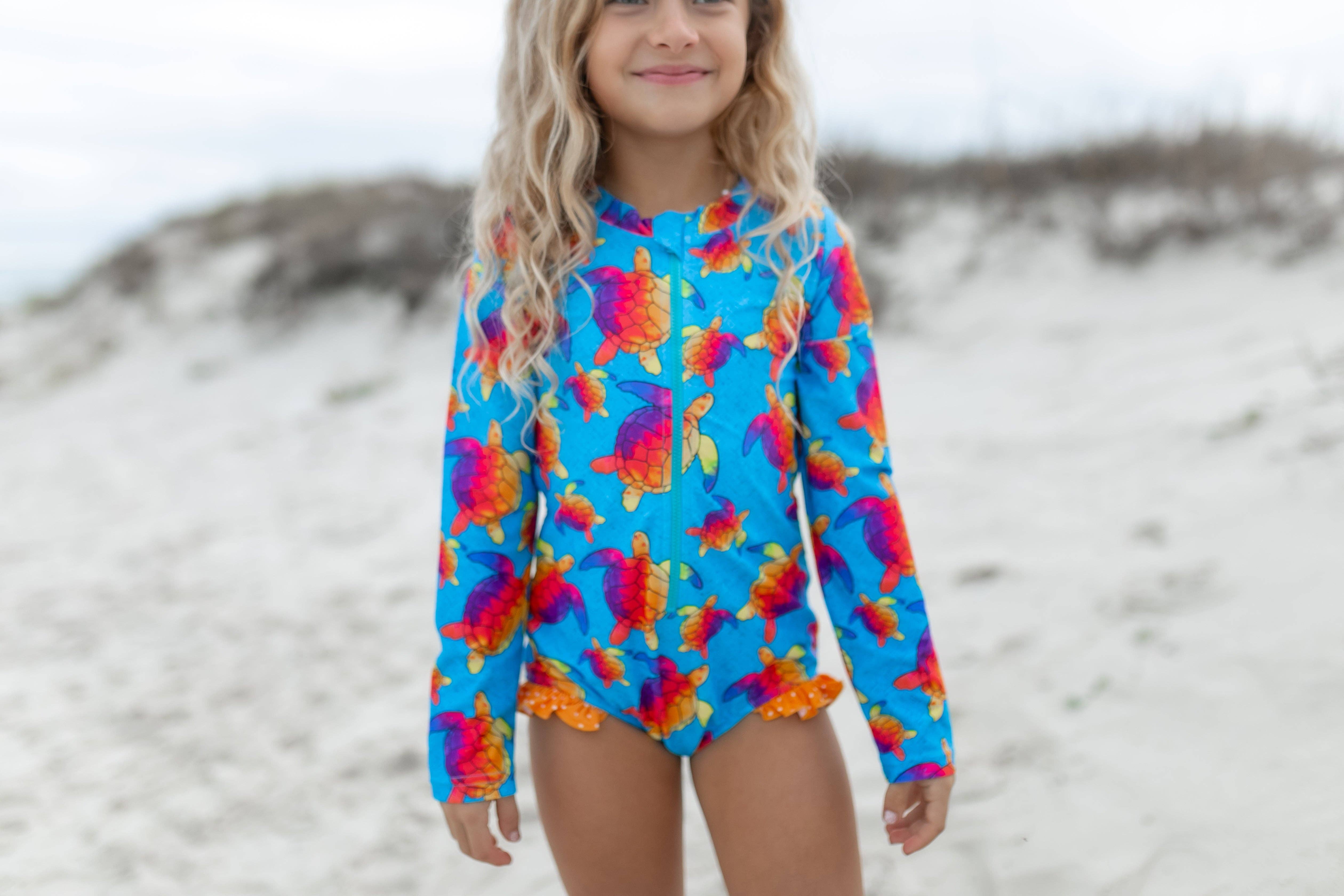 Oopsie Daisy - Wholesale One Piece Swimsuit - Kids - Kids Blue Rainbow Turtle Zip Rash Guard One Piece Swimsuit