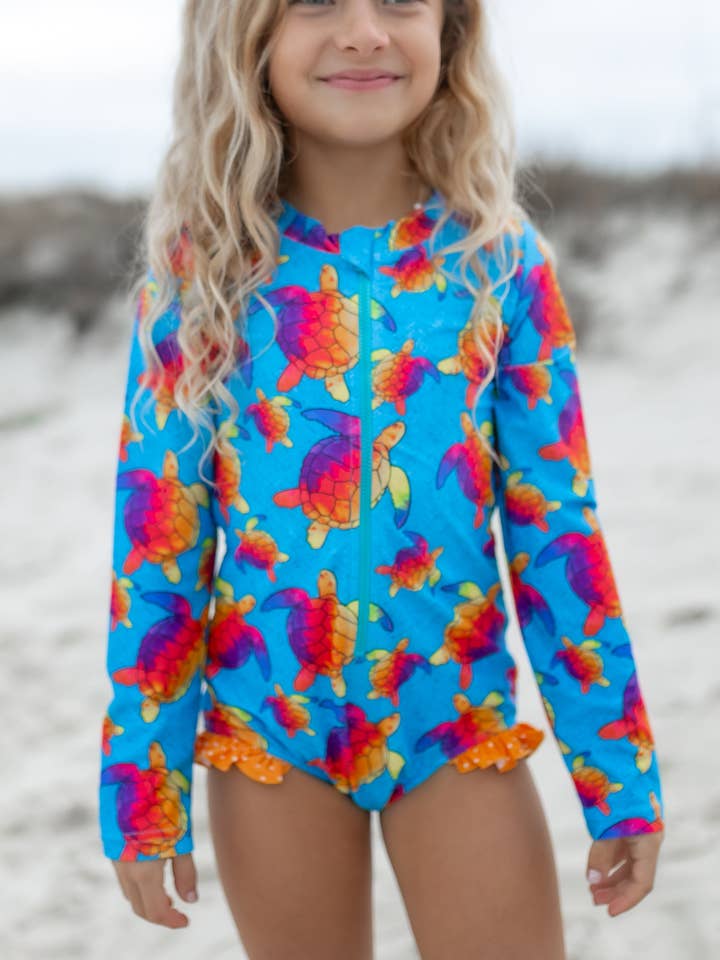 Kids Blue Rainbow Turtle Zip Rash Guard One Piece Swimsuit for wholesale by Oopsie Daisy