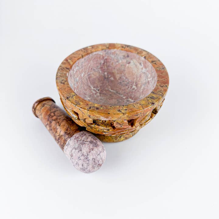 GREENROOTS USA LLC - Wholesale Mortar & Pestle - Soap Stone Carved Mortar & Pestle 4"D1