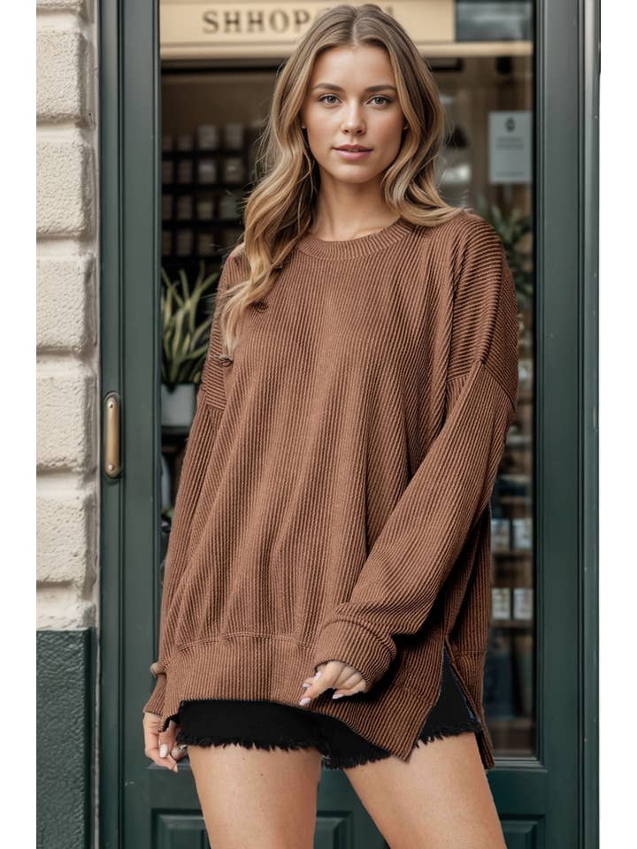 Burgundy Apparel - Wholesale Sweatshirt - Women's - WAVE RIB OVERSIZED SWEATSHIRT WITH SIDE SLIT - FALL