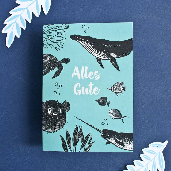 Biglietto di auguri Buona fortuna, biglietto pieghevole con animali marini, C6 per la vendita all'ingrosso da parte di Katja Rub