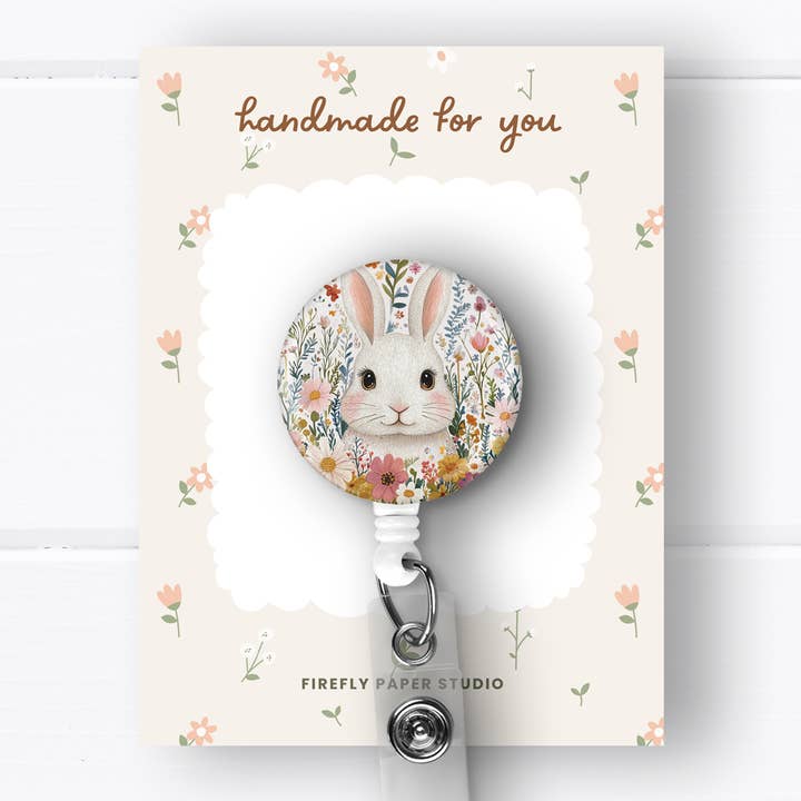 Floral Bunny Badge Reel for wholesale by Firefly Paper Studio, LLC