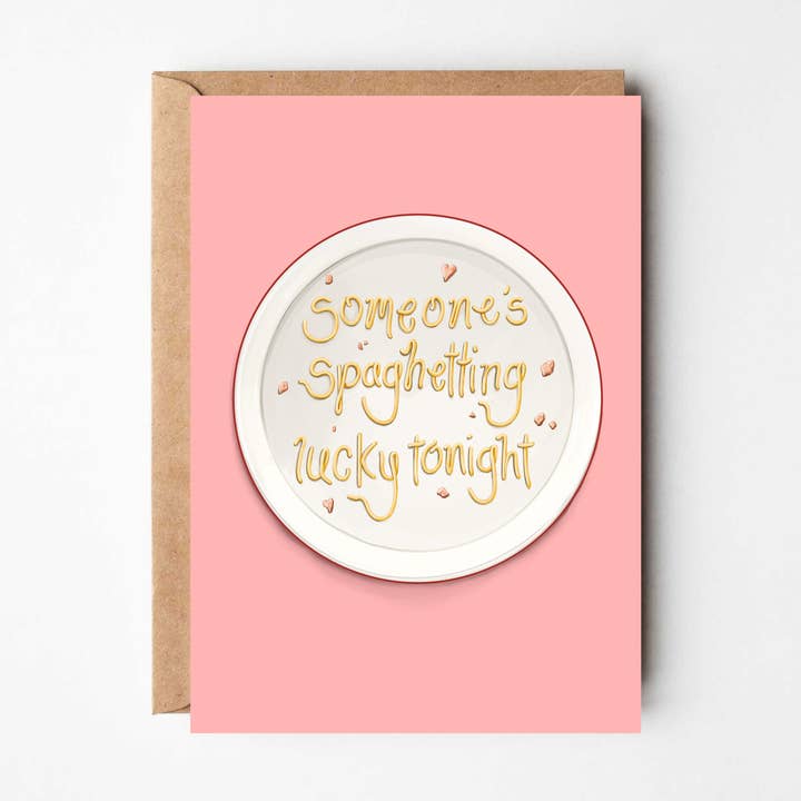 Someone's Spaghetting Lucky Tonight - Funny Pasta Love Card for wholesale by Katie Tinkler illustration