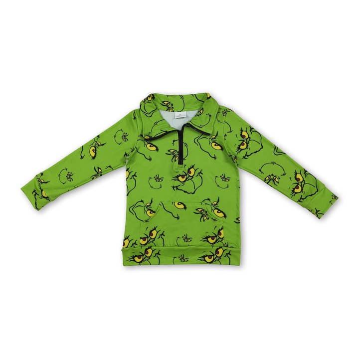 Long sleeves green face baby kids Christmas zipper pullover for wholesale by Yawoo Garments