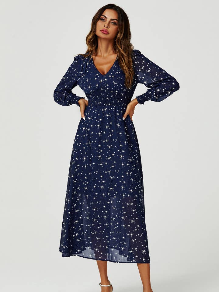 Sølvstjernefolie Langærmet Maxikjole I Navy for engroshandel hos FS Collection